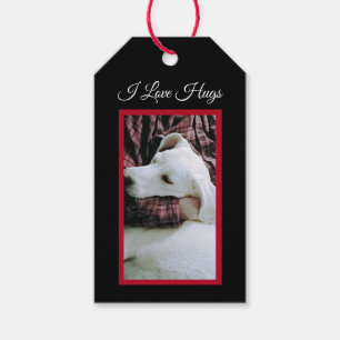 Étiquettes-cadeau Photo de mignon Chien chiot blanc I Love Hugs Blac
