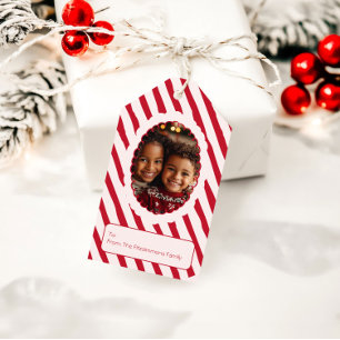 Étiquettes-cadeau Photo de Noël fantaisiste à rayures rouges et rose