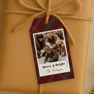 Étiquettes-cadeau Photo de Noël « Merry & Bright » à carreaux rouges