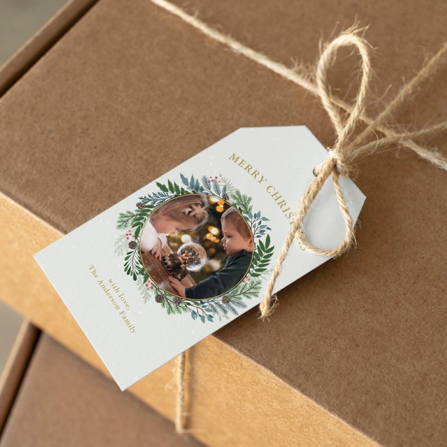 Étiquettes-cadeau Photo de Noël Wreath (Créateur téléchargé)
