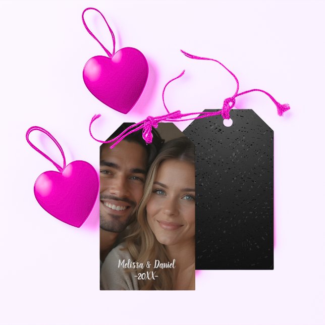 Étiquettes-cadeau Photo et nom élégant Accent noir (Elegant Photo and Name Black Accent Gift Tags)