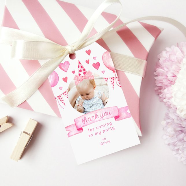 Étiquettes-cadeau Photo Girl Bow Coquette rose Merci d'anniversaire (Créateur téléchargé)