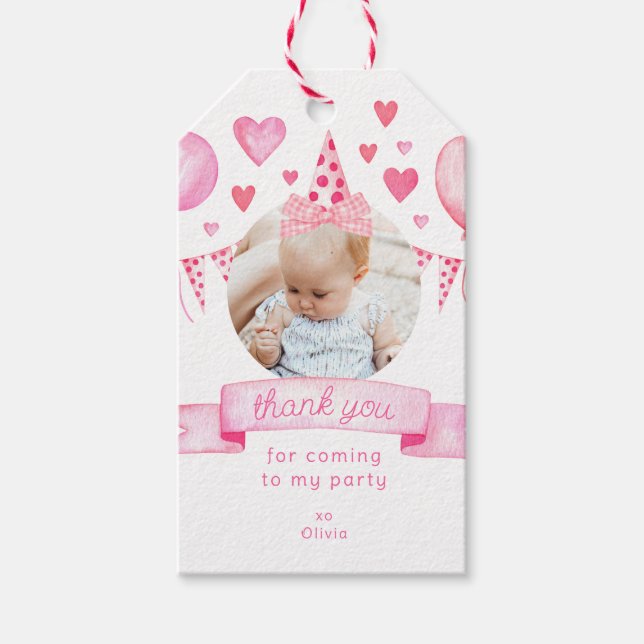 Étiquettes-cadeau Photo Girl Bow Coquette rose Merci d'anniversaire (Devant)