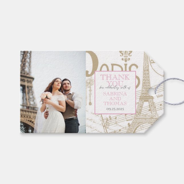 Étiquettes-cadeau Photo Mariage de Paris rose (Devant (Horizontal))