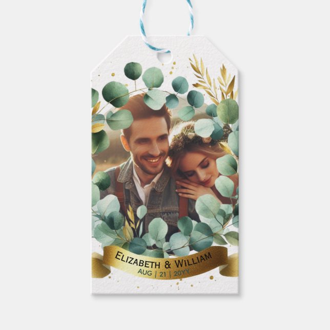 Étiquettes-cadeau PHOTO Mariage Merci Eucalyptus Feuille Cadeau (Devant)