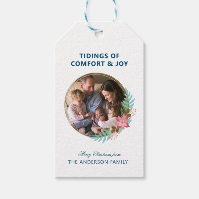 Étiquettes-cadeau Photo Noël Wreath Poinsettia (Devant)