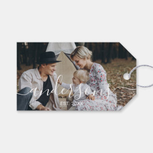 Étiquettes-cadeau Photo personnalisée avec nom de famille et année d