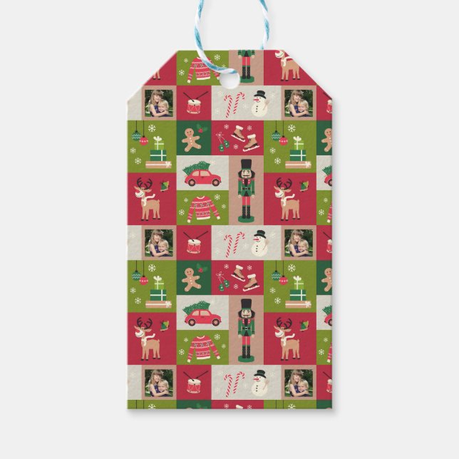 Étiquettes-cadeau Photo personnalisée Patchwork Noël traditionnel (Devant)