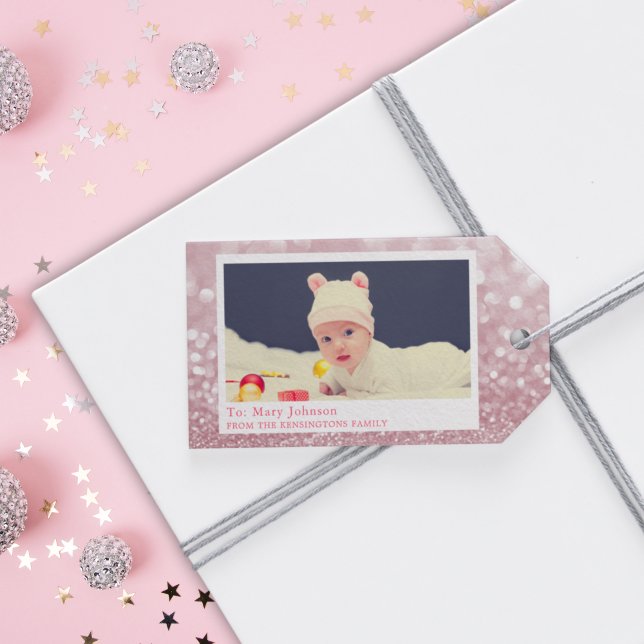 Étiquettes-cadeau Photo personnalisée Pink Sparkly Baby (Baby Girl’s First Christmas Gift Tag)