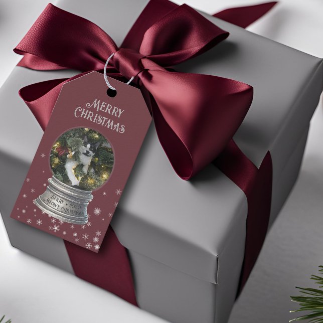 Étiquettes-cadeau Photo Red Snowglobe Snowflon (red snow globe snowflake gift tag)