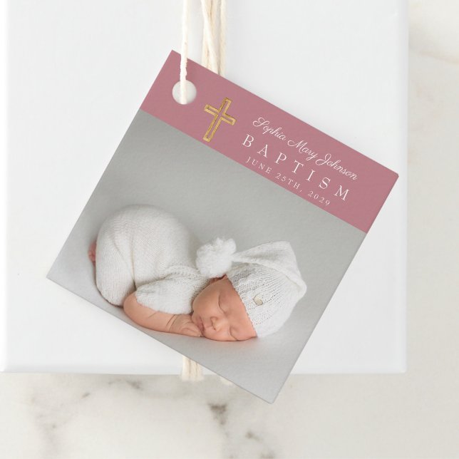 Étiquettes Cadeau Photo rose moderne fille Merci Baptême (Modern Pink Photo Girl Baptism Thank You Favor Tags)