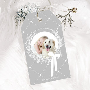 Étiquettes-cadeau Photo Silver Grey & White Christmas Wreath Photo