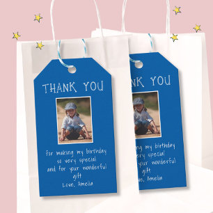 Étiquettes-cadeau Photo simple personnalisée bleue Merci d'anniversa