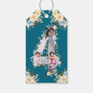 Étiquettes-cadeau Photo turquoise 4e anniversaire Collage Bleu Fleur