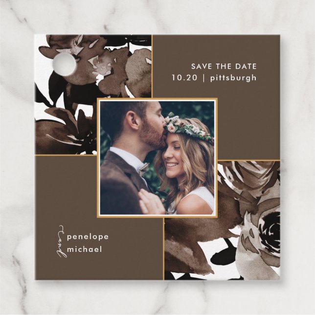 Étiquettes Cadeau Photos Brown de cacao Enregistrer la date (Devant)