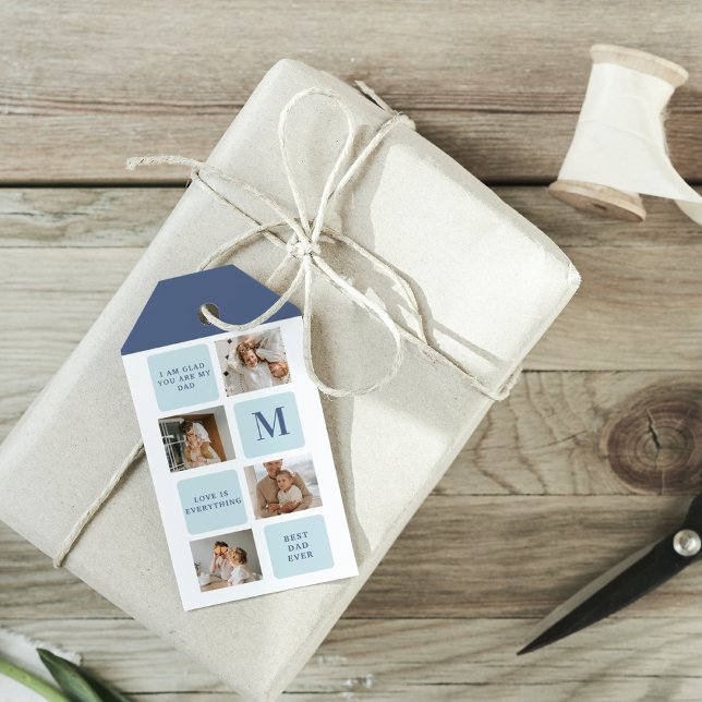 Étiquettes-cadeau Photos de Collage moderne Bleu Meilleurs Pères Cad (Créateur téléchargé)