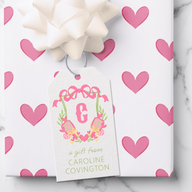 Étiquettes-cadeau Pickleball rose et vert Paddle Monogram Crest (Créateur téléchargé)