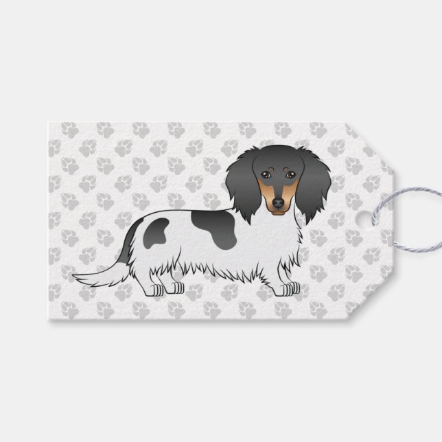 Étiquettes-cadeau Piebald Noir Et Tan Longues Cheveux Dachshund & Pa (Devant (Horizontal))