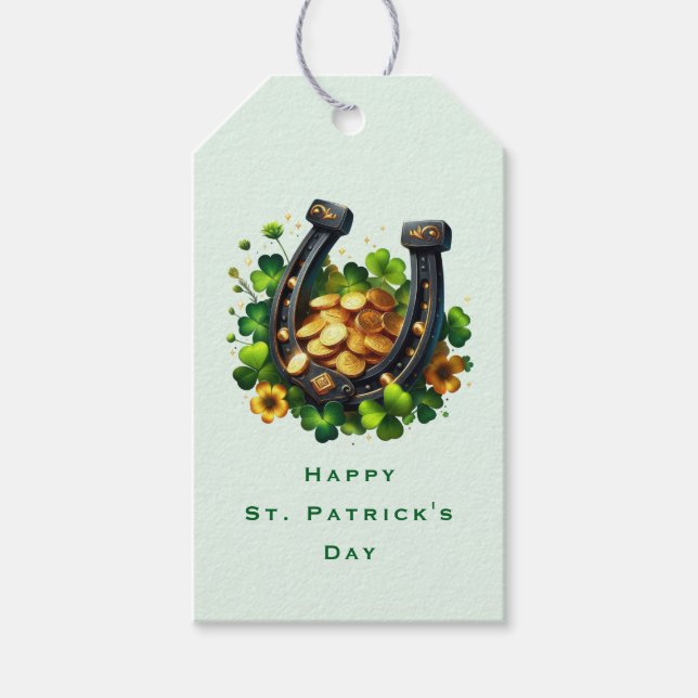 Étiquettes-cadeau Pièces d'or Lucky Horseshoe et Merci de Clover (Devant)