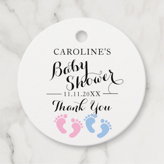 Étiquettes Cadeau Pieds bébé Sexe Révéler Baby shower bleu rose (Devant)