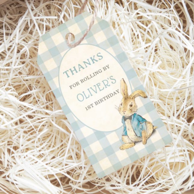 Étiquettes-cadeau Pierre Le Lapin Bleu Gingham Anniversaire Remercie (Créateur téléchargé)