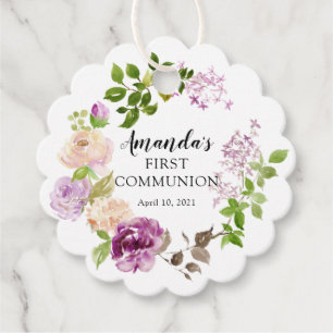 Étiquettes Cadeau Pies pourpres Floral Première Communion sainte