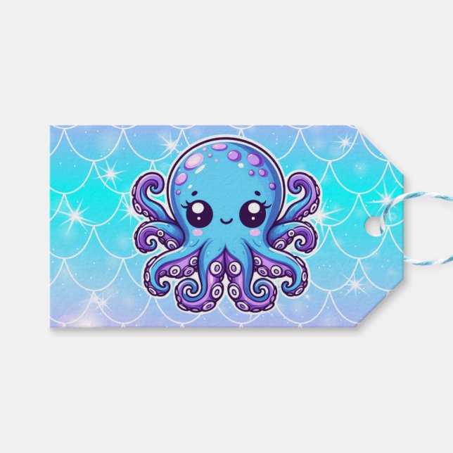 Étiquettes-cadeau Pieuvre bleue mignonne (Devant (Horizontal))