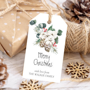 Étiquettes-cadeau Pin aux cônes, baies d'hiver, bourgeons de coton