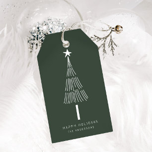 Étiquettes-cadeau Pin de Noël minimaliste vert forêt