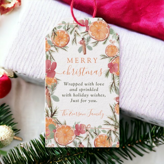 Étiquettes-cadeau Pin orange rustique Floral Aquarelle Noël (Rustic Orange Pine Floral Watercolor Christmas Gift Tags)