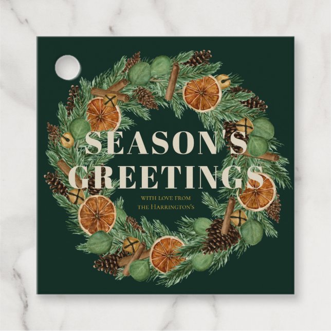 Étiquettes Cadeau Pin Rustique séché Orange Wreath Green Holiday (Devant)