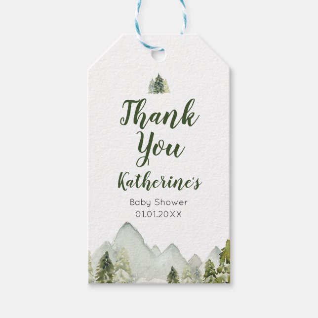 Étiquettes-cadeau Pine Tree Rustique Baby shower d'aventure Merci (Devant)