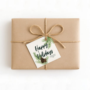 Étiquettes Cadeau Pinède hivernale rustique Joyeuses Fêtes Cône de p