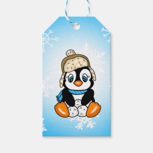 Étiquettes-cadeau Pingouin attrapé à la main avec boules de neige