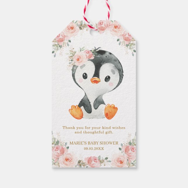 Étiquettes-cadeau Pingouin Blush Floral Baby shower fête d'anniversa (Dos)