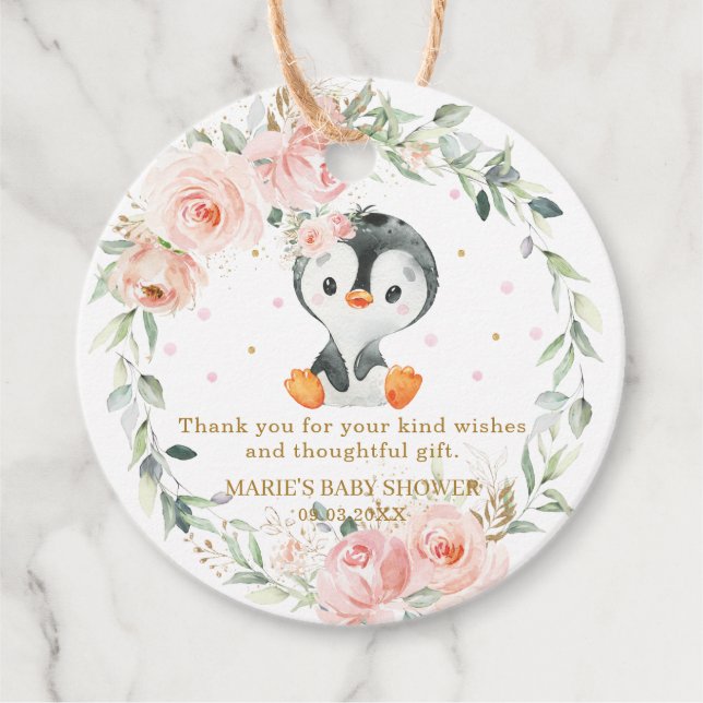 Étiquettes Cadeau Pingouin Blush Floral Baby shower fête d'anniversa (Devant)