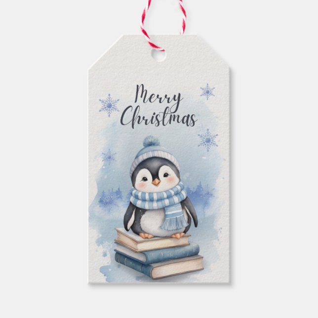 Étiquettes-cadeau Pingouin de Noël aquarelle (Devant)
