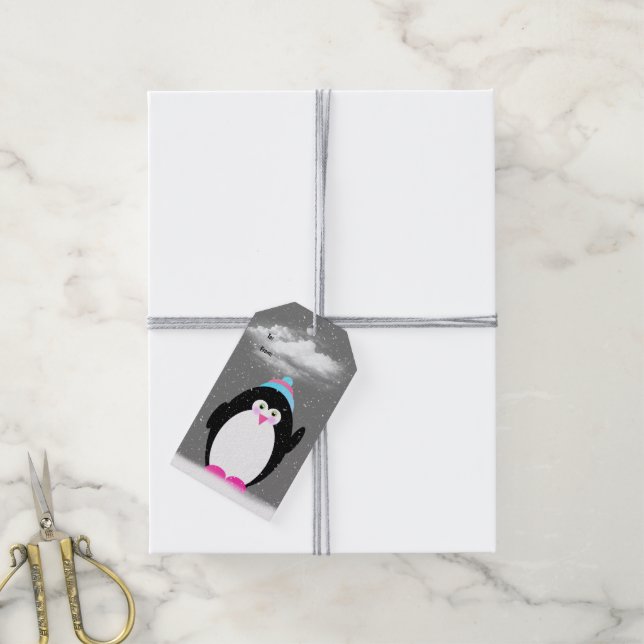 Étiquettes-cadeau Pingouin de Noël dans les flocons de neige (Avec de la ficelle)