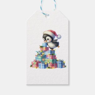 Étiquettes-cadeau Pingouin de Noël mignon avec carte cadeau et lumiè