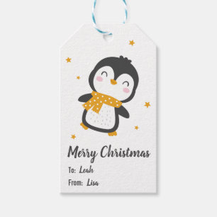 Étiquettes-cadeau Pingouin de Noël mignon sur blanc