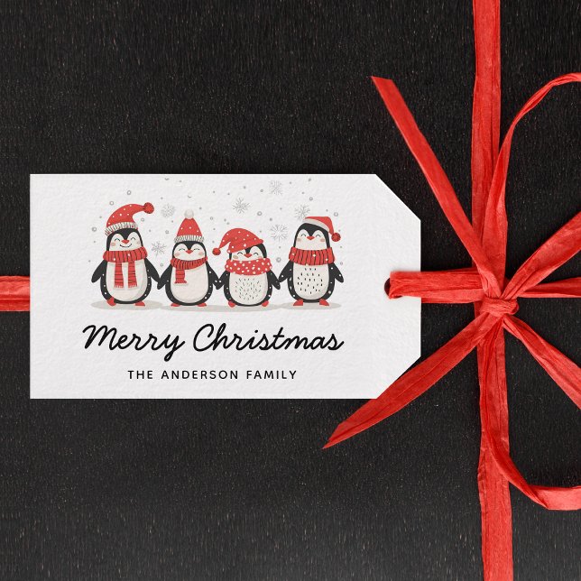 Étiquettes-cadeau Pingouin Joyeux Noël Script Nom de famille (Créateur téléchargé)