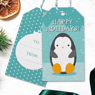 Étiquettes-cadeau Pingouin mignon sur Ice Blue Winter Cartographie N