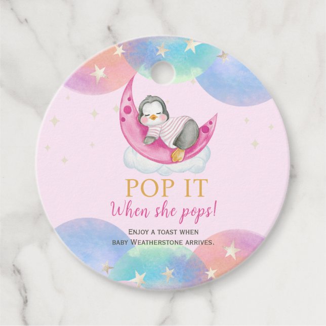 Étiquettes Cadeau Pingouin Rose Pop Le Baby shower Quand Elle Pop (Devant)