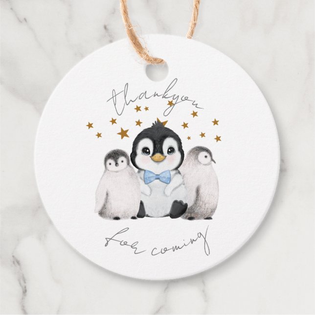 Étiquettes Cadeau Pingouins mignons Bleu Merci (Devant)