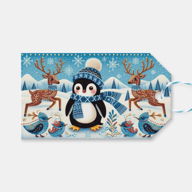 Étiquettes-cadeau Pingouins, oiseaux et rennes (Devant (Horizontal))
