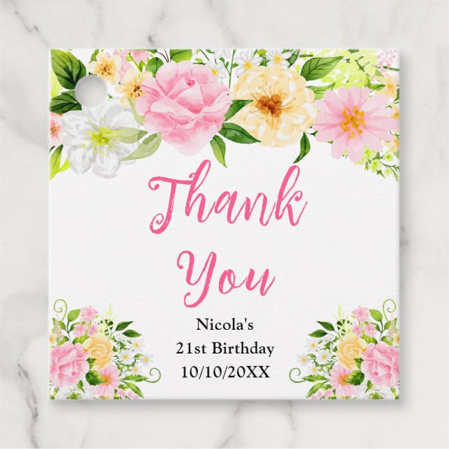 Étiquettes Cadeau Pink and Yellow Flowers Birthday Thank You (Devant)