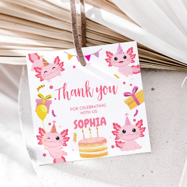 Étiquettes Cadeau Pink Axolotl Alotl Carré de la fête d'anniversaire (Pink Girl Axolotl Alotl Birthday Party Square Favor Tags)
