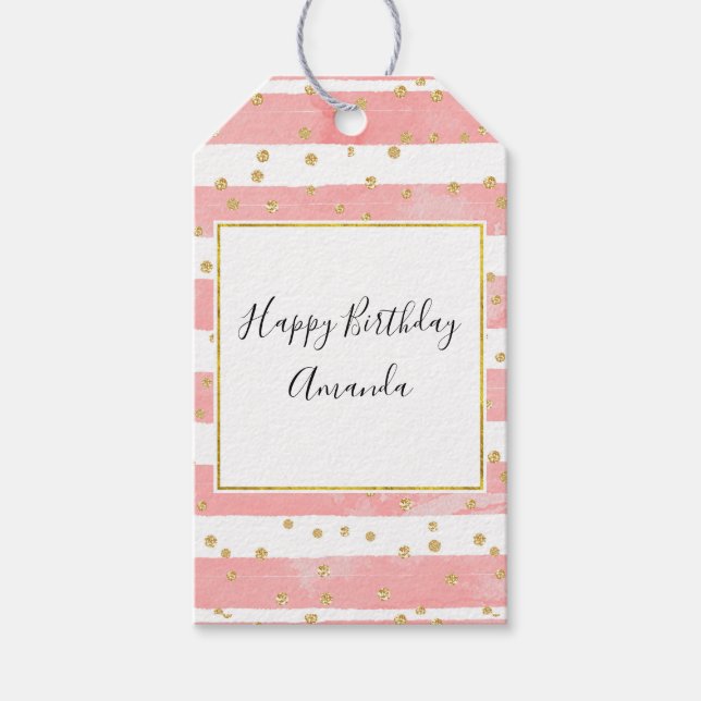 Étiquettes-cadeau Pink Blush Stripes with Faux Gold Confeti (Devant)