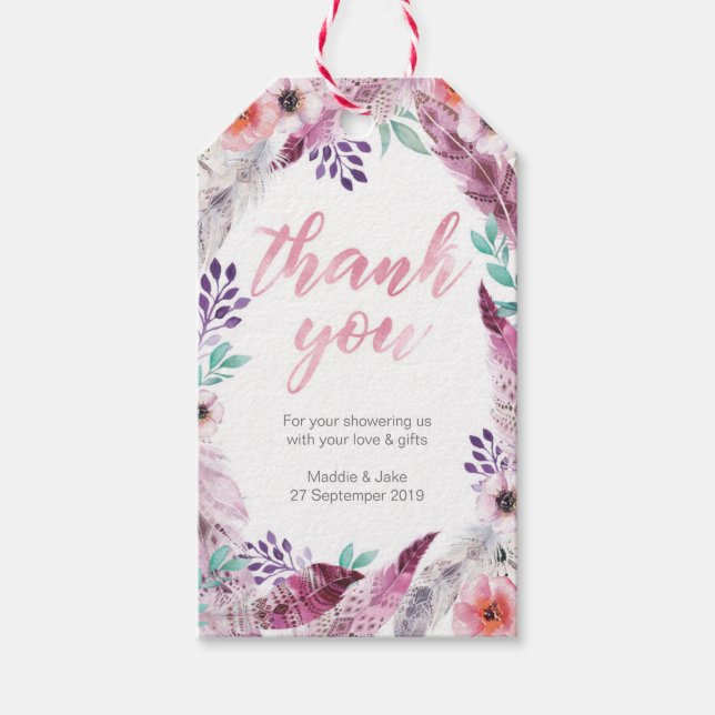 Étiquettes-cadeau Pink Boho Feather merci pour les balises (Devant)