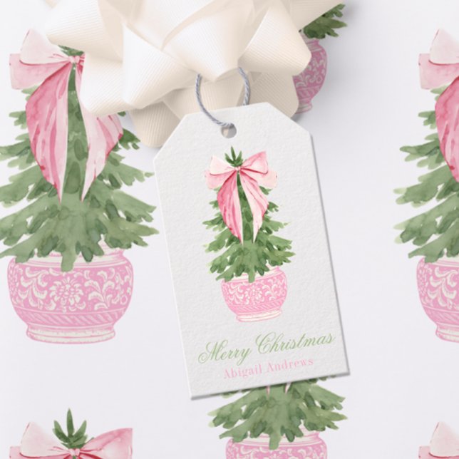 Étiquettes-cadeau Pink Bow Ginger Jar Christmas Tree Photo (Créateur téléchargé)